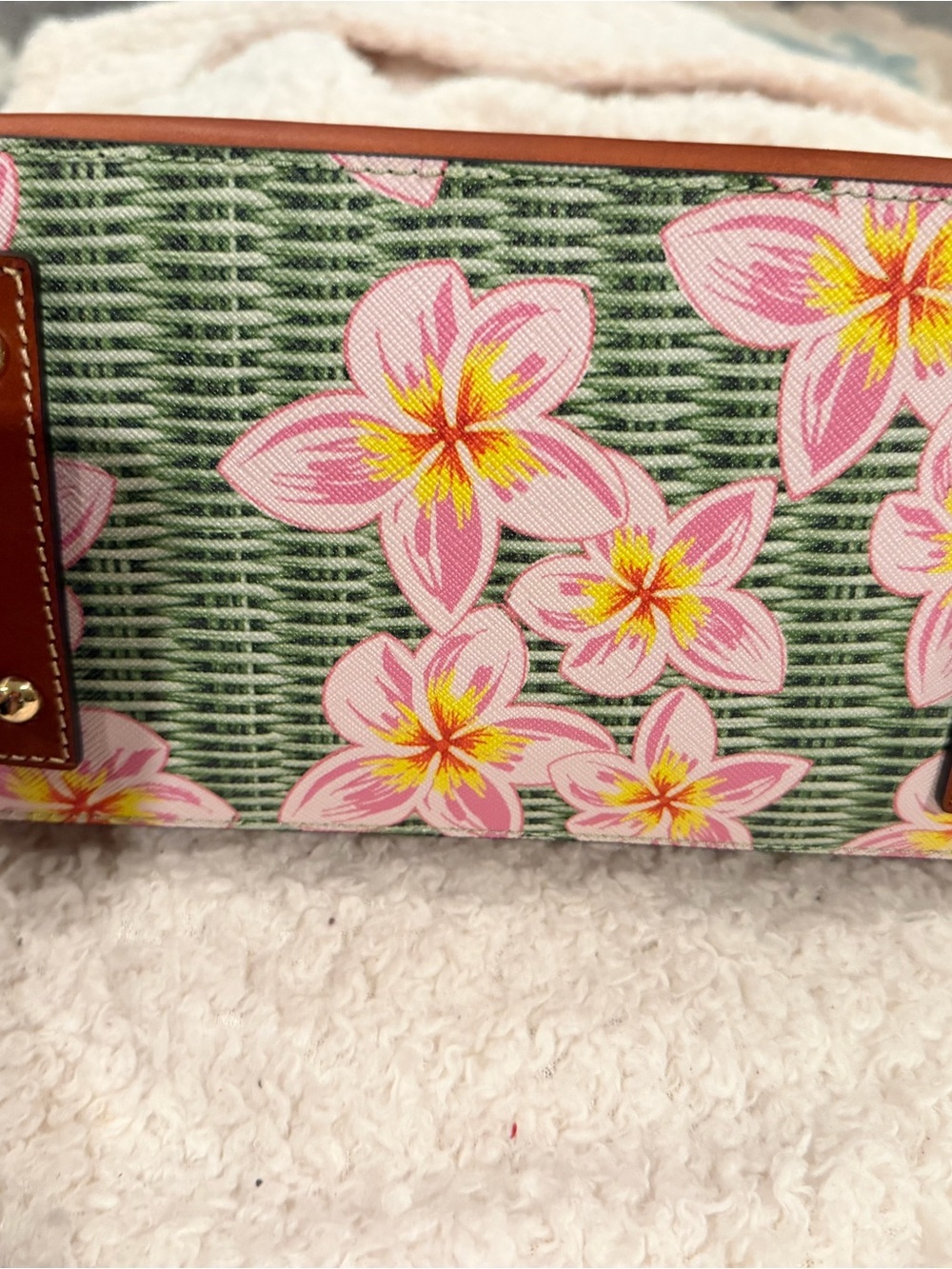 Dooney & Bourke Green Floral Tote with Pink Blossoms and Brown Leather Trim - Picture 3 of 4